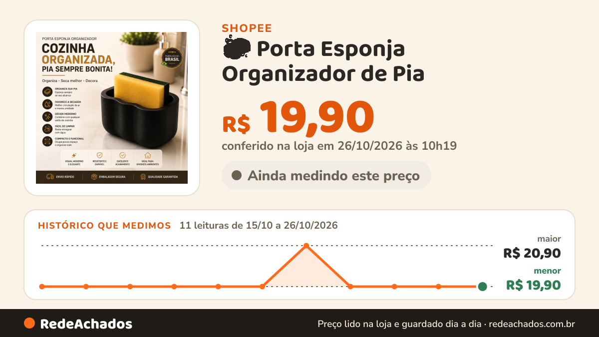 Histórico de preço de 🧽 Porta Esponja Organizador de Pia | Mais Organização e Praticidade para Sua Cozinha ✨ na Shopee: 11 leituras de 15/10/2026 a 26/10/2026, menor R$ 19,90, maior R$ 20,90; R$ 19,90 conferido em 26/10/2026 às 10h19