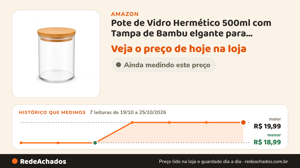 Histórico de preço de Pote de Vidro Hermético 500ml com Tampa de Bambu elgante para armazenamento | Tampa de… na Amazon: 7 leituras de 19/10/2026 a 25/10/2026, menor R$ 18,99, maior R$ 19,99