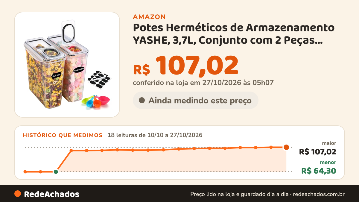 Histórico de preço de Potes Herméticos de Armazenamento YASHE, 3,7L, Conjunto com 2 Peças, Plástico Livre de… na Amazon: 18 leituras de 10/10/2026 a 27/10/2026, menor R$ 64,30, maior R$ 107,02; R$ 107,02 conferido em 27/10/2026 às 05h07