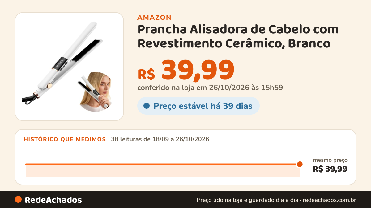 Histórico de preço de Prancha Alisadora de Cabelo com Revestimento Cerâmico, Branco na Amazon: 37 leituras de 18/09/2026 a 25/10/2026, mesmo preço, R$ 39,99, em todas; R$ 39,99 conferido em 25/10/2026 às 17h59
