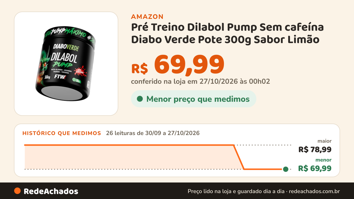 Histórico de preço de Pré Treino Dilabol Pump Sem cafeína Diabo Verde Pote 300g Sabor Limão - FTW Pré Workout… na Amazon: 26 leituras de 30/09/2026 a 27/10/2026, menor R$ 69,99, maior R$ 78,99; R$ 69,99 conferido em 27/10/2026 às 00h02