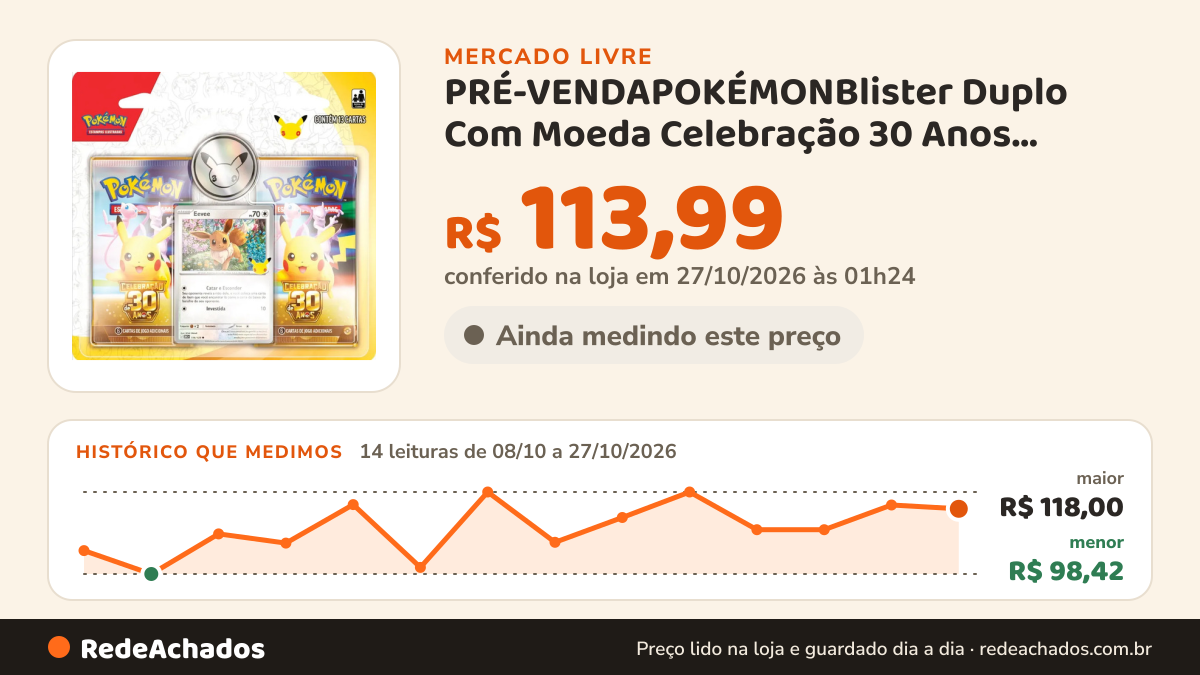 Histórico de preço de PRÉ-VENDAPOKÉMONBlister Duplo Com Moeda Celebração 30 Anos Pokémon TCG Português no Mercado Livre: 14 leituras de 08/10/2026 a 27/10/2026, menor R$ 98,42, maior R$ 118,00; R$ 113,99 conferido em 27/10/2026 às 01h24