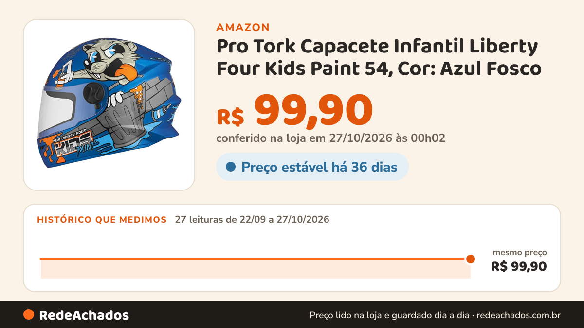 Histórico de preço de Pro Tork Capacete Infantil Liberty Four Kids Paint 54, Cor: Azul Fosco na Amazon: 27 leituras de 22/09/2026 a 27/10/2026, mesmo preço, R$ 99,90, em todas; R$ 99,90 conferido em 27/10/2026 às 00h02