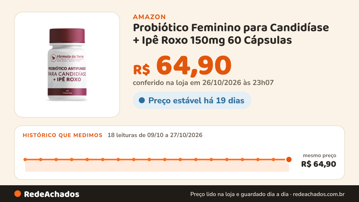 Histórico de preço de Probiótico Feminino para Candidíase + Ipê Roxo 150mg 60 Cápsulas na Amazon: 18 leituras de 09/10/2026 a 27/10/2026, mesmo preço, R$ 64,90, em todas; R$ 64,90 conferido em 26/10/2026 às 23h07
