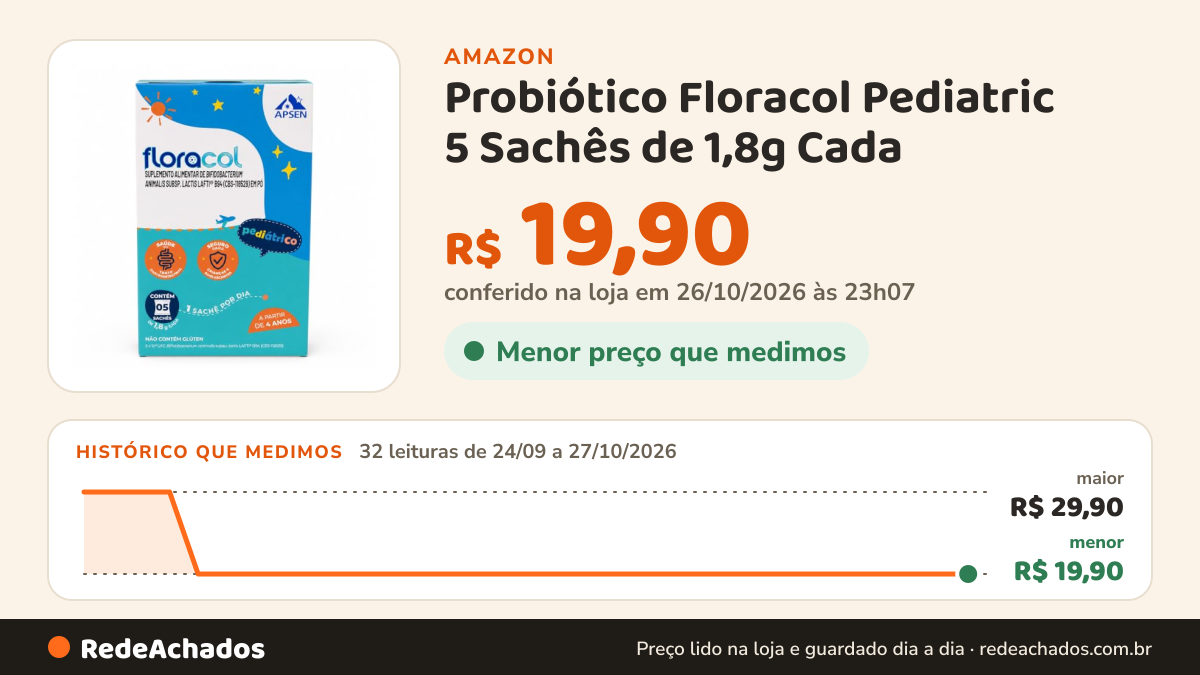 Histórico de preço de Probiótico Floracol Pediatric 5 Sachês de 1,8g Cada na Amazon: 32 leituras de 24/09/2026 a 27/10/2026, menor R$ 19,90, maior R$ 29,90; R$ 19,90 conferido em 26/10/2026 às 23h07