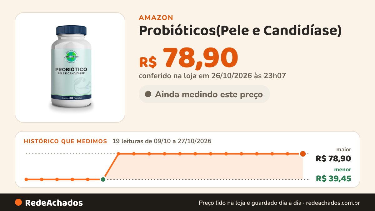Histórico de preço de Probióticos(Pele e Candidíase) - 30 Cápsulas Gastrorresistentes na Amazon: 19 leituras de 09/10/2026 a 27/10/2026, menor R$ 39,45, maior R$ 78,90; R$ 78,90 conferido em 26/10/2026 às 23h07