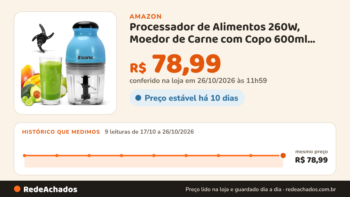 Histórico de preço de Processador de Alimentos 260W, Moedor de Carne com Copo 600ml, Azul, para Frutas, Legumes… na Amazon: 8 leituras de 17/10/2026 a 25/10/2026, mesmo preço, R$ 78,99, em todas; R$ 78,99 conferido em 25/10/2026 às 05h57