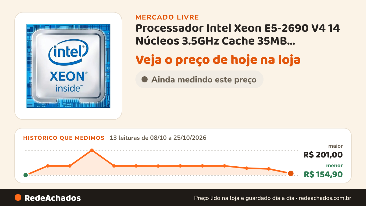 Histórico de preço de Processador Intel Xeon E5-2690 V4 14 Núcleos 3.5GHz Cache 35MB FCLGA2011-3 no Mercado Livre: 13 leituras de 08/10/2026 a 25/10/2026, menor R$ 154,90, maior R$ 201,00
