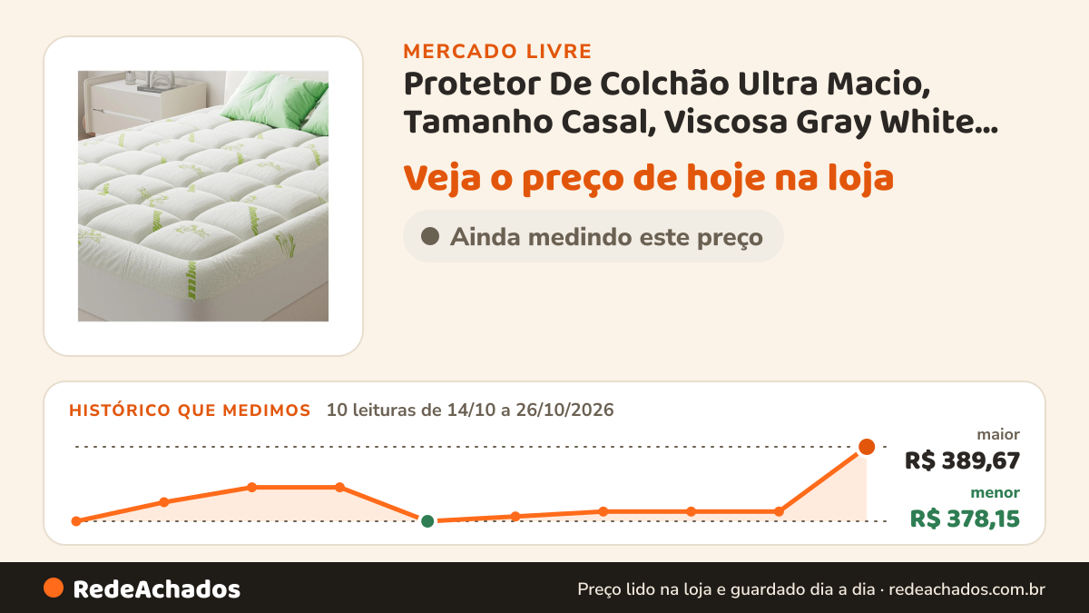 Histórico de preço de Protetor De Colchão Ultra Macio, Tamanho Casal, Viscosa Gray White Berço no Mercado Livre: 10 leituras de 14/10/2026 a 26/10/2026, menor R$ 378,15, maior R$ 389,67