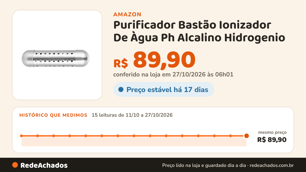 Histórico de preço de Purificador Bastão Ionizador De Àgua Ph Alcalino Hidrogenio na Amazon: 14 leituras de 11/10/2026 a 25/10/2026, mesmo preço, R$ 89,90, em todas
