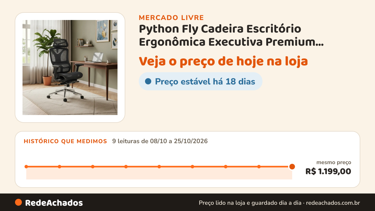 Histórico de preço de Python Fly Cadeira Escritório Ergonômica Executiva Premium Dinamarca no Mercado Livre: 9 leituras de 08/10/2026 a 25/10/2026, mesmo preço, R$ 1.199,00, em todas