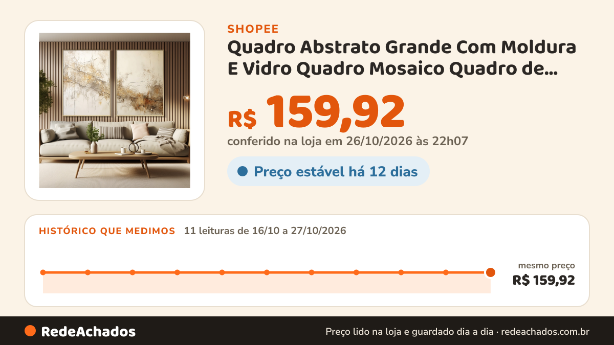 Histórico de preço de Quadro Abstrato Grande Com Moldura E Vidro Quadro Mosaico Quadro de Sala Decorativo Arte… na Shopee: 11 leituras de 16/10/2026 a 27/10/2026, mesmo preço, R$ 159,92, em todas; R$ 159,92 conferido em 26/10/2026 às 22h07