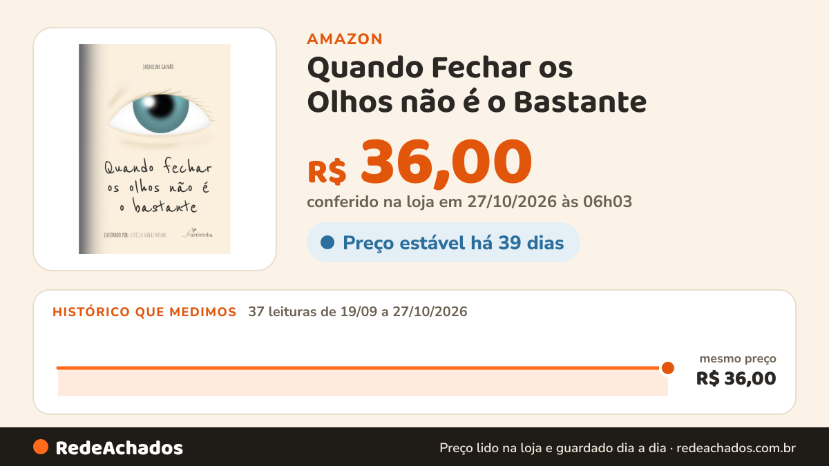 Histórico de preço de Quando Fechar os Olhos não é o Bastante na Amazon: 37 leituras de 19/09/2026 a 27/10/2026, mesmo preço, R$ 36,00, em todas; R$ 36,00 conferido em 27/10/2026 às 06h03