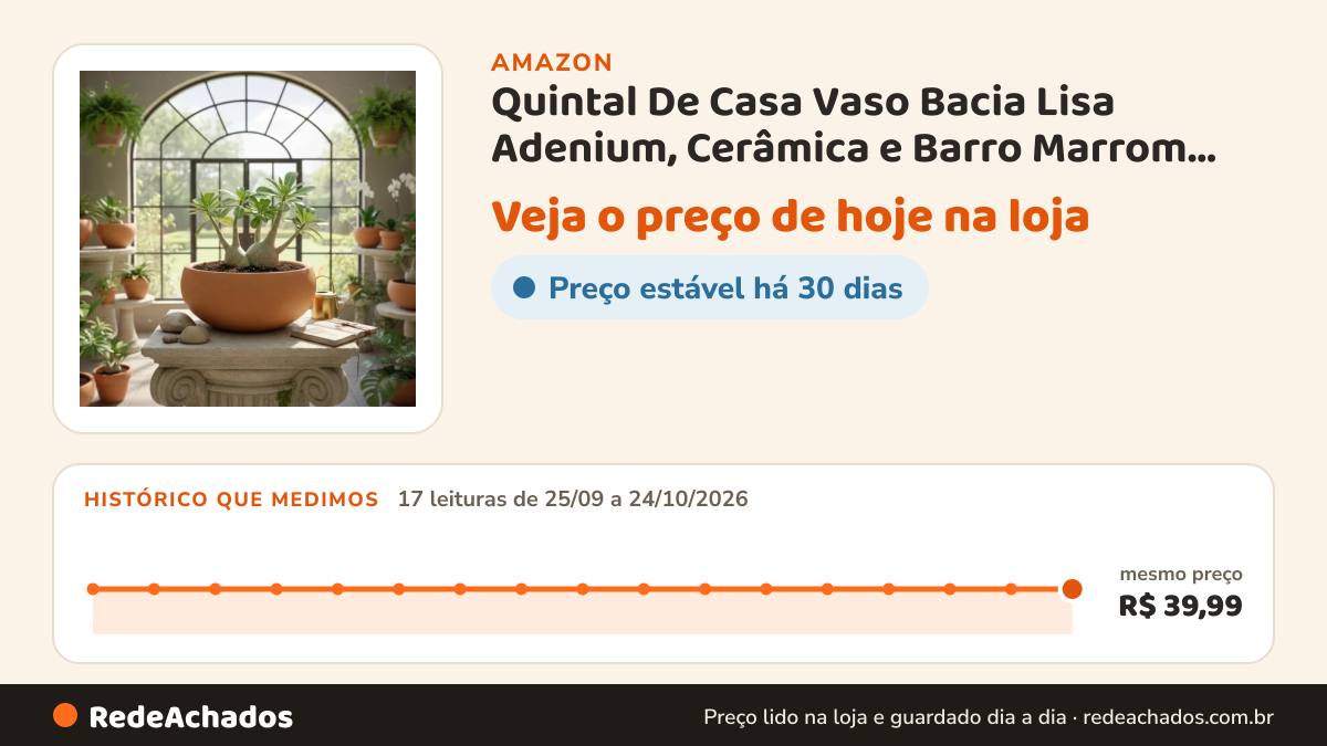 Histórico de preço de Quintal De Casa Vaso Bacia Lisa Adenium, Cerâmica e Barro Marrom Terracota, 24 cm Boca x… na Amazon: 17 leituras de 25/09/2026 a 24/10/2026, mesmo preço, R$ 39,99, em todas
