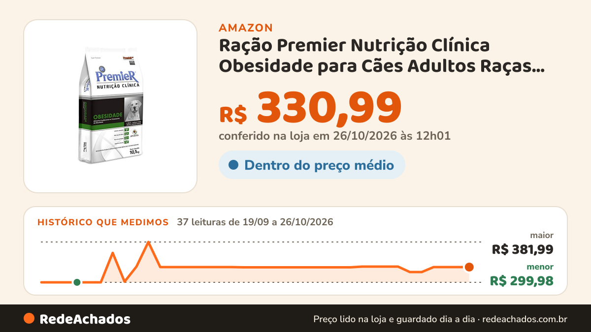 Histórico de preço de Ração Premier Nutrição Clínica Obesidade para Cães Adultos Raças Médias e Grandes 10,1kg… na Amazon: 37 leituras de 19/09/2026 a 26/10/2026, menor R$ 299,98, maior R$ 381,99; R$ 330,99 conferido em 26/10/2026 às 12h01
