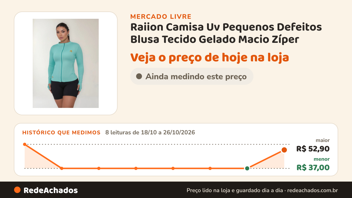 Histórico de preço de Raiion Camisa Uv Pequenos Defeitos Blusa Tecido Gelado Macio Zíper no Mercado Livre: 8 leituras de 18/10/2026 a 26/10/2026, menor R$ 37,00, maior R$ 52,90
