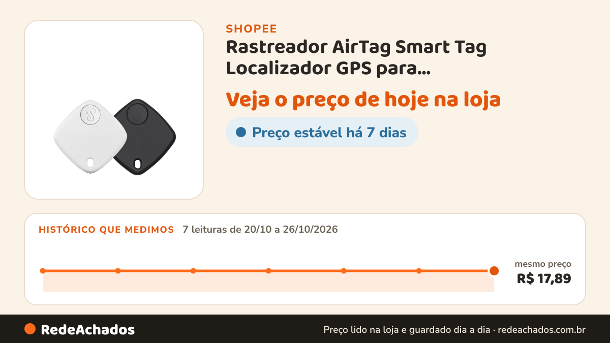Histórico de preço de Rastreador AirTag Smart Tag Localizador GPS para Mala-Automóveis-Pet-Criança Sem Limite de… na Shopee: 7 leituras de 20/10/2026 a 26/10/2026, mesmo preço, R$ 17,89, em todas