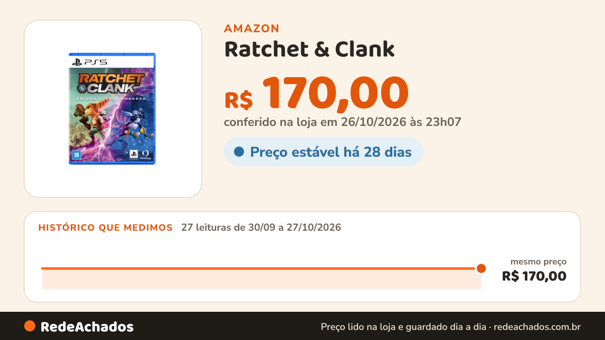 Histórico de preço de Ratchet & Clank - PlayStation 5 na Amazon: 27 leituras de 30/09/2026 a 27/10/2026, mesmo preço, R$ 170,00, em todas; R$ 170,00 conferido em 26/10/2026 às 23h07