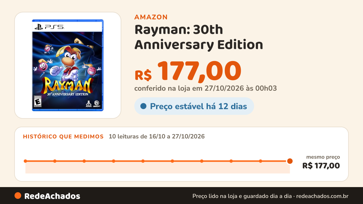 Histórico de preço de Rayman: 30th Anniversary Edition - PlayStation 5 na Amazon: 10 leituras de 16/10/2026 a 27/10/2026, mesmo preço, R$ 177,00, em todas; R$ 177,00 conferido em 27/10/2026 às 00h03