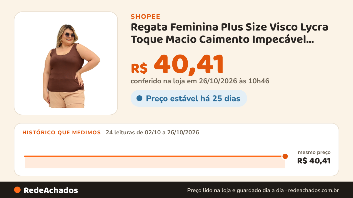 Histórico de preço de Regata Feminina Plus Size Visco Lycra Toque Macio Caimento Impecável Moda Casual Primavera… na Shopee: 24 leituras de 02/10/2026 a 26/10/2026, mesmo preço, R$ 40,41, em todas; R$ 40,41 conferido em 26/10/2026 às 10h46