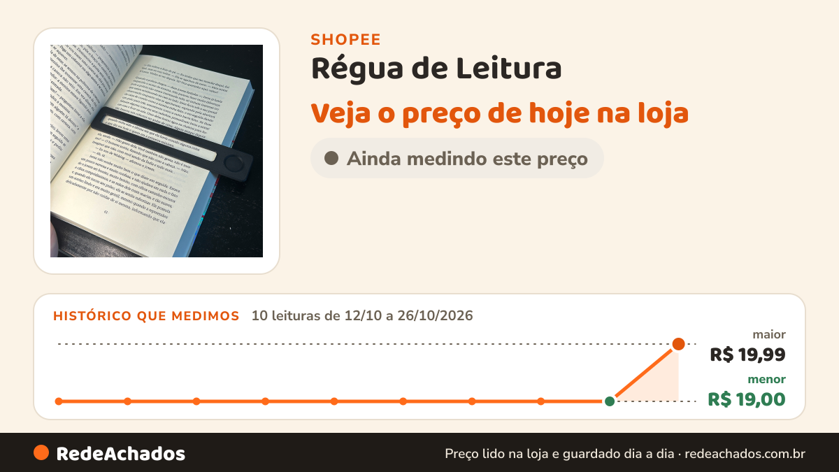 Histórico de preço de Régua de Leitura – Auxílio para Dislexia e Foco em Texto / Marcador de Livro na Shopee: 10 leituras de 12/10/2026 a 26/10/2026, menor R$ 19,00, maior R$ 19,99; R$ 19,99 conferido em 26/10/2026 às 09h08