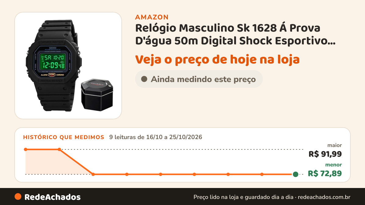Histórico de preço de Relógio Masculino Sk 1628 Á Prova D'água 50m Digital Shock Esportivo Retrô Preto na Amazon: 9 leituras de 16/10/2026 a 25/10/2026, menor R$ 72,89, maior R$ 91,99