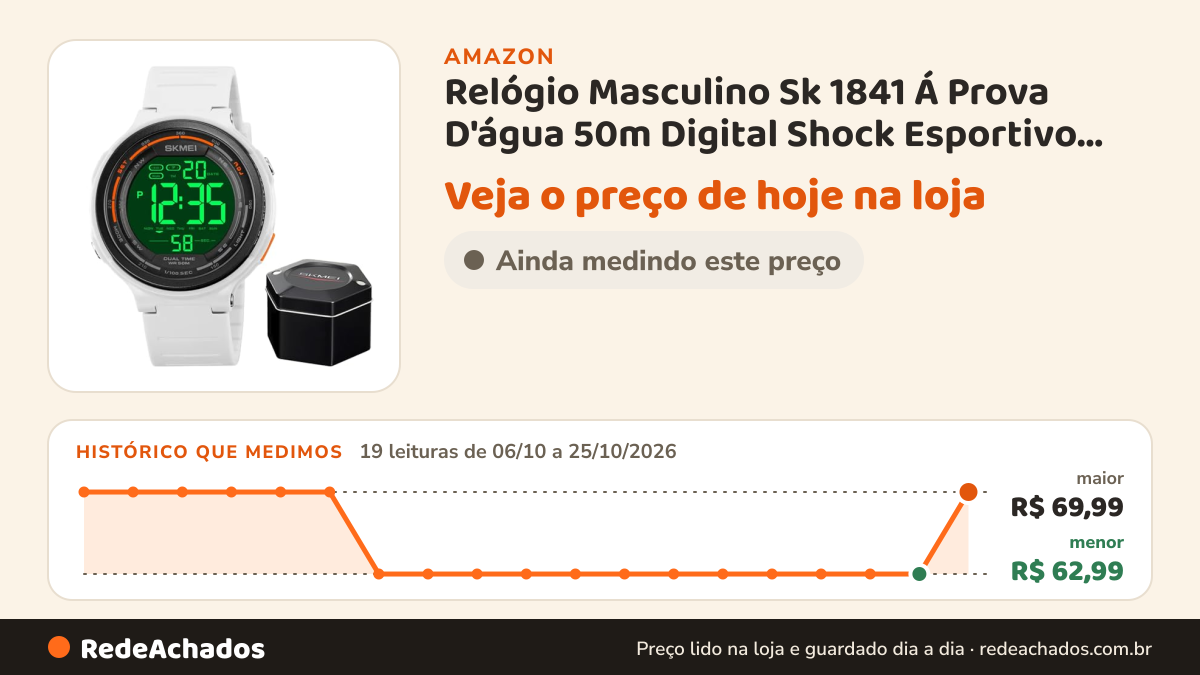 Histórico de preço de Relógio Masculino Sk 1841 Á Prova D'água 50m Digital Shock Esportivo Branco na Amazon: 19 leituras de 06/10/2026 a 25/10/2026, menor R$ 62,99, maior R$ 69,99
