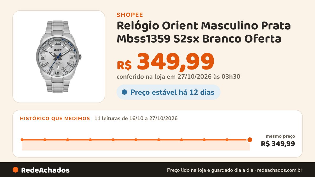 Histórico de preço de Relógio Orient Masculino Prata Mbss1359 S2sx Branco Oferta na Shopee: 11 leituras de 16/10/2026 a 27/10/2026, mesmo preço, R$ 349,99, em todas; R$ 349,99 conferido em 27/10/2026 às 03h30