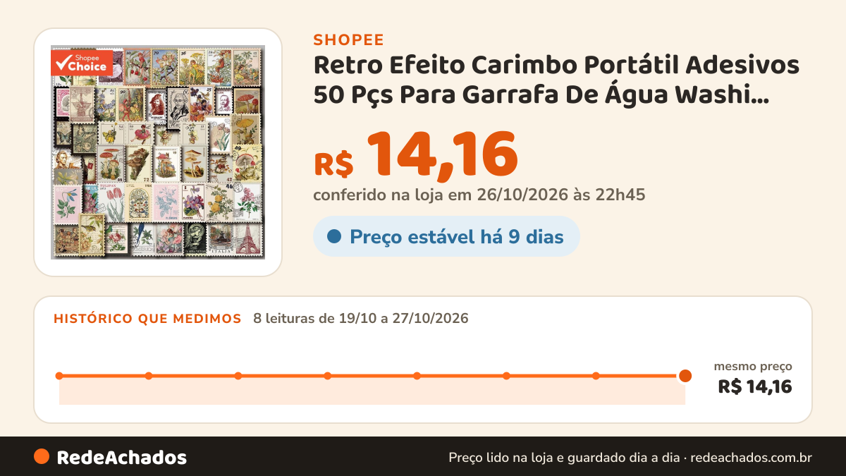 Histórico de preço de Retro Efeito Carimbo Portátil Adesivos 50 Pçs Para Garrafa De Água Washi Scrapbooking… na Shopee: 8 leituras de 19/10/2026 a 27/10/2026, mesmo preço, R$ 14,16, em todas; R$ 14,16 conferido em 26/10/2026 às 22h45