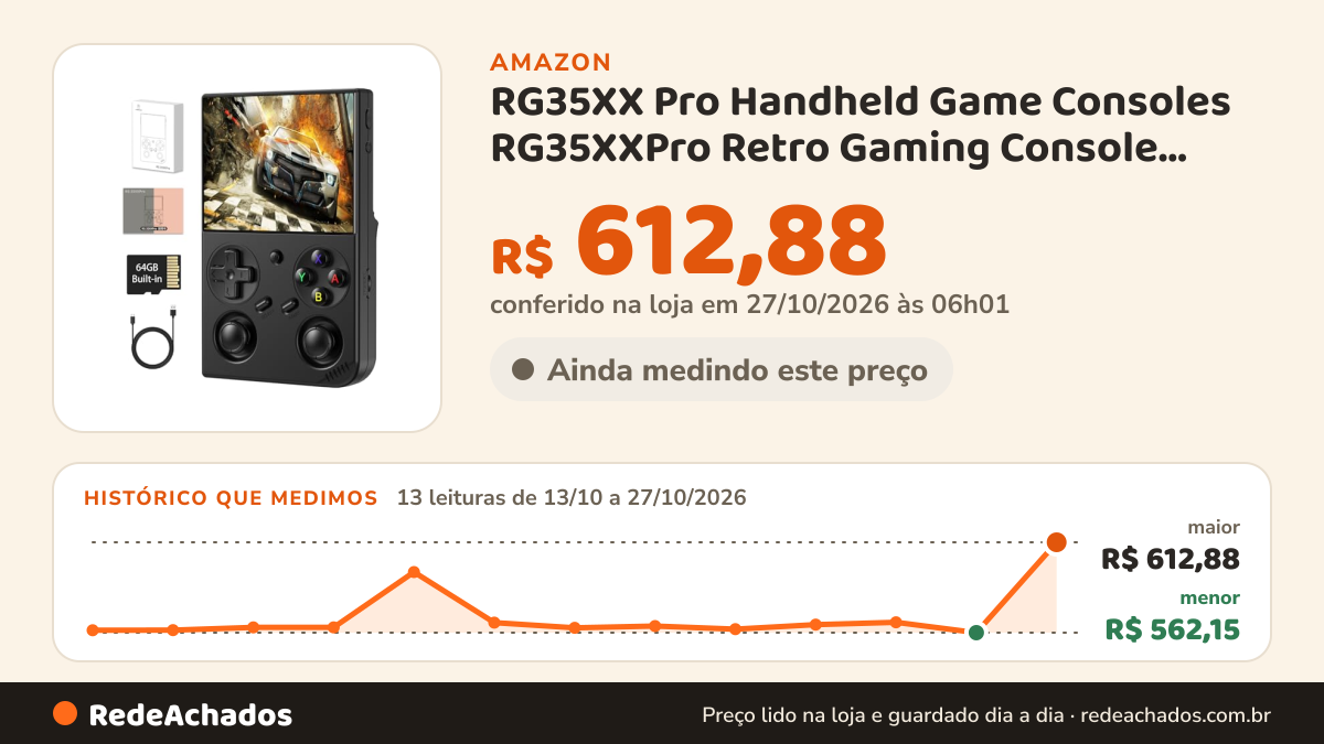 Histórico de preço de RG35XX Pro Handheld Game Consoles RG35XXPro Retro Gaming Console with 64GB 4353 Games Card… na Amazon: 13 leituras de 13/10/2026 a 27/10/2026, menor R$ 562,15, maior R$ 612,88; R$ 612,88 conferido em 27/10/2026 às 06h01