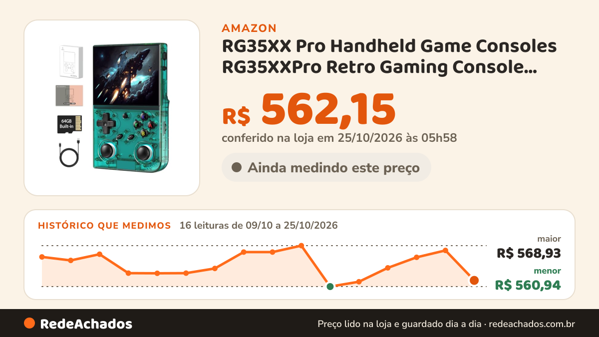 Histórico de preço de RG35XX Pro Handheld Game Consoles RG35XXPro Retro Gaming Console with 64GB Card 4353 Games… na Amazon: 16 leituras de 09/10/2026 a 25/10/2026, menor R$ 560,94, maior R$ 568,93; R$ 562,15 conferido em 25/10/2026 às 05h58