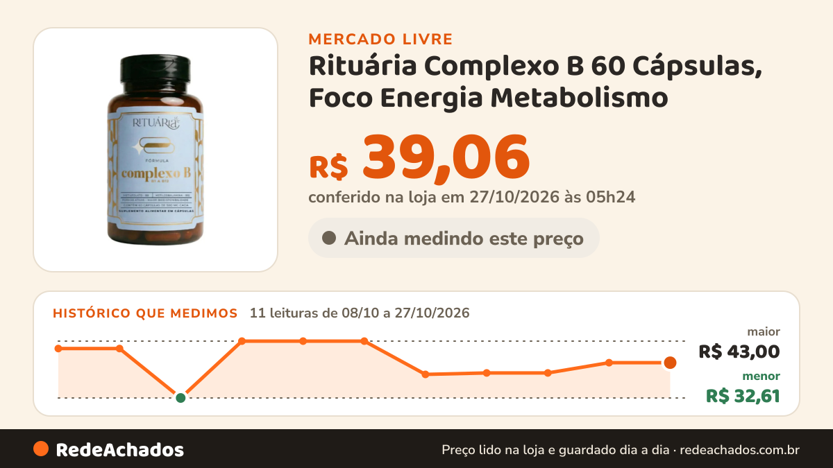 Histórico de preço de Rituária Complexo B 60 Cápsulas, Foco Energia Metabolismo no Mercado Livre: 11 leituras de 08/10/2026 a 27/10/2026, menor R$ 32,61, maior R$ 43,00; R$ 39,06 conferido em 27/10/2026 às 05h24