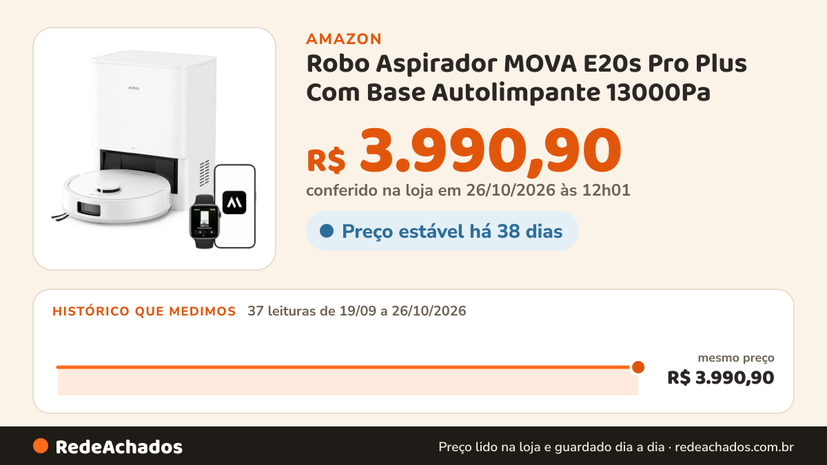 Histórico de preço de Robo Aspirador MOVA E20s Pro Plus Com Base Autolimpante 13000Pa - Aspira Passa Pano E… na Amazon: 36 leituras de 19/09/2026 a 25/10/2026, mesmo preço, R$ 3.990,90, em todas; R$ 3.990,90 conferido em 25/10/2026 às 05h58