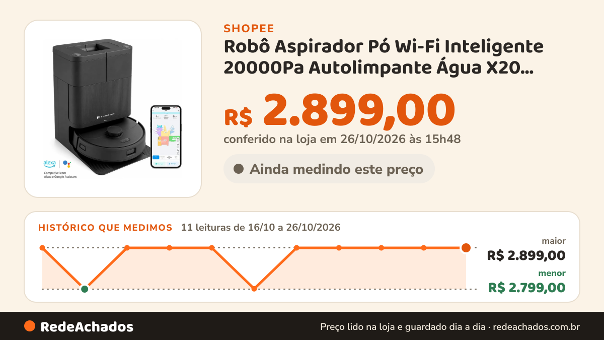 Histórico de preço de Robô Aspirador Pó Wi-Fi Inteligente 20000Pa Autolimpante Água X20 Kuanttum Passa Pano MOP… na Shopee: 11 leituras de 16/10/2026 a 26/10/2026, menor R$ 2.799,00, maior R$ 2.899,00; R$ 2.899,00 conferido em 26/10/2026 às 15h48