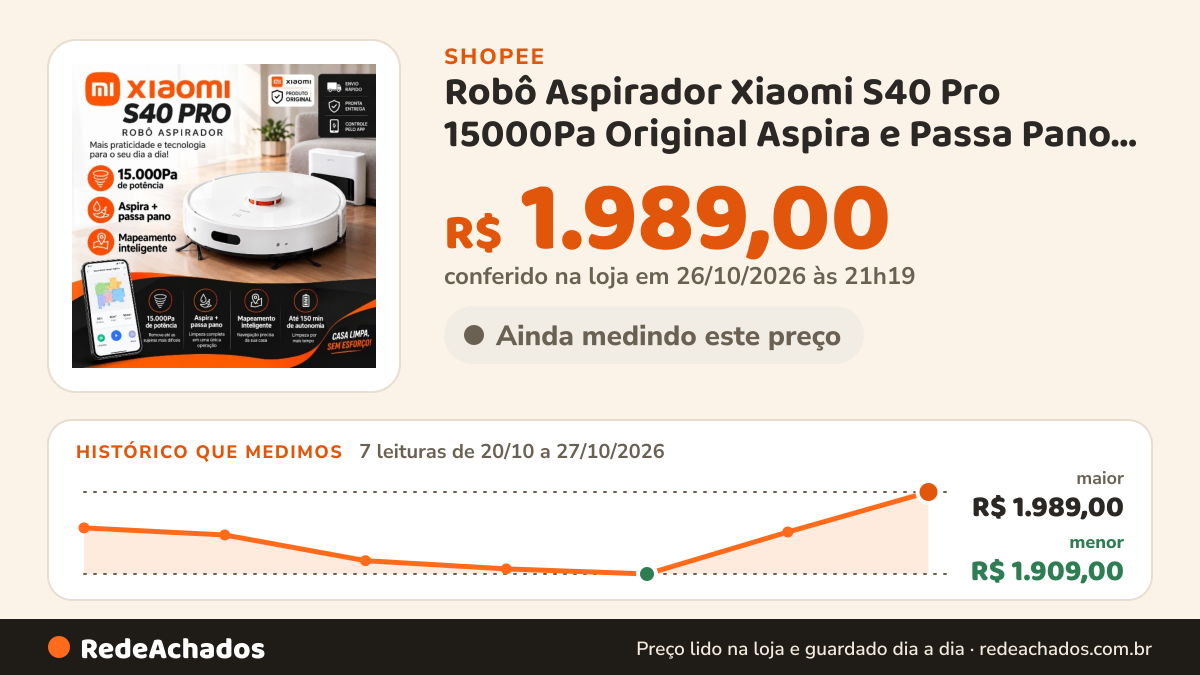 Histórico de preço de Robô Aspirador Xiaomi S40 Pro 15000Pa Original Aspira e Passa Pano Mapeamento Inteligente… na Shopee: 7 leituras de 20/10/2026 a 27/10/2026, menor R$ 1.909,00, maior R$ 1.989,00; R$ 1.989,00 conferido em 26/10/2026 às 21h19