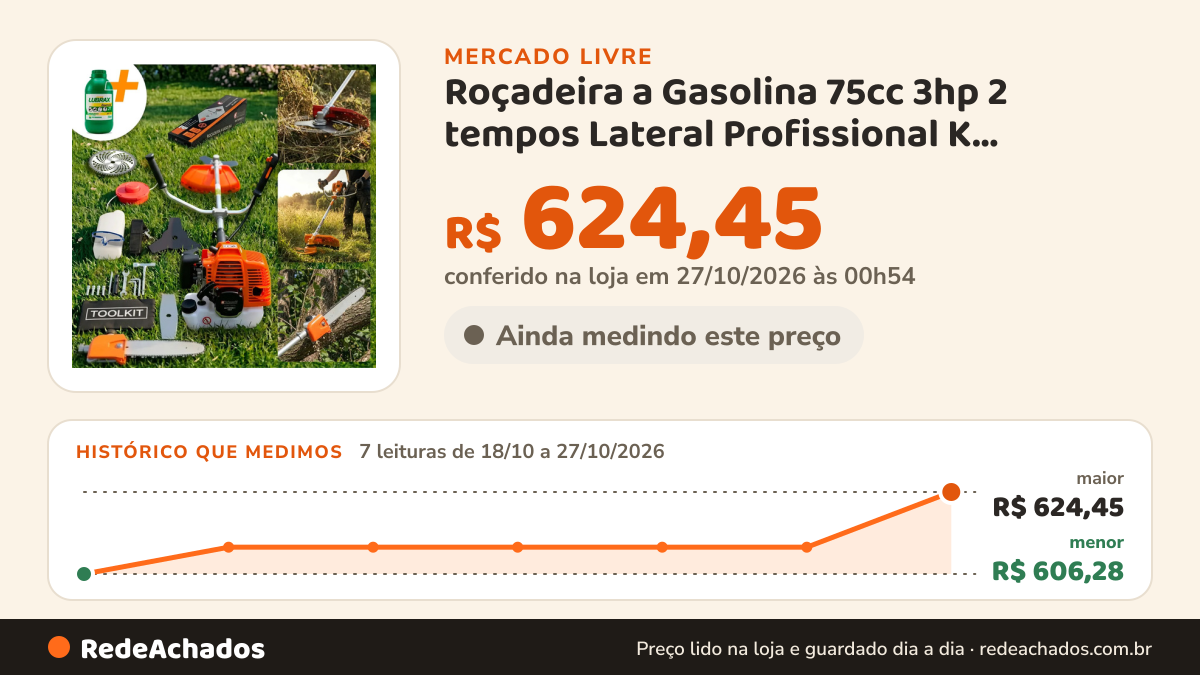 Histórico de preço de Roçadeira a Gasolina 75cc 3hp 2 tempos Lateral Profissional K NAKASAKI Com Motopoda e… no Mercado Livre: 7 leituras de 18/10/2026 a 27/10/2026, menor R$ 606,28, maior R$ 624,45; R$ 624,45 conferido em 27/10/2026 às 00h54
