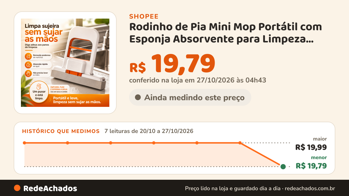 Histórico de preço de Rodinho de Pia Mini Mop Portátil com Esponja Absorvente para Limpeza Rápida de Cozinha… na Shopee: 7 leituras de 20/10/2026 a 27/10/2026, menor R$ 19,79, maior R$ 19,99; R$ 19,79 conferido em 27/10/2026 às 04h43