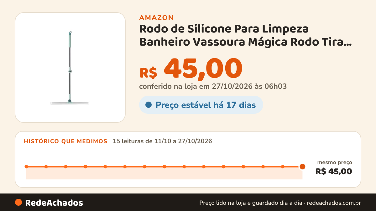 Histórico de preço de Rodo de Silicone Para Limpeza Banheiro Vassoura Mágica Rodo Tira Pelo Limpa Vidro Seca Bem… na Amazon: 15 leituras de 11/10/2026 a 27/10/2026, mesmo preço, R$ 45,00, em todas; R$ 45,00 conferido em 27/10/2026 às 06h03
