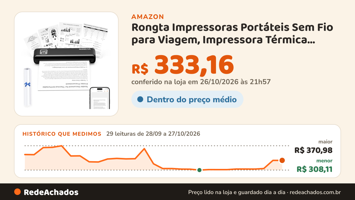 Histórico de preço de Rongta Impressoras Portáteis Sem Fio para Viagem, Impressora Térmica Sem Tinta para Uso em… na Amazon: 29 leituras de 28/09/2026 a 27/10/2026, menor R$ 308,11, maior R$ 370,98; R$ 333,16 conferido em 26/10/2026 às 21h57