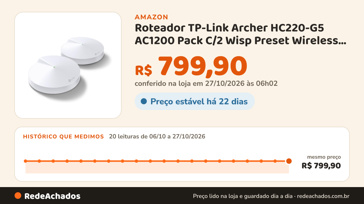 Histórico de preço de Roteador TP-Link Archer HC220-G5 AC1200 Pack C/2 Wisp Preset Wireless Dual Band 2,4/5Ghz… na Amazon: 20 leituras de 06/10/2026 a 27/10/2026, mesmo preço, R$ 799,90, em todas; R$ 799,90 conferido em 27/10/2026 às 06h02