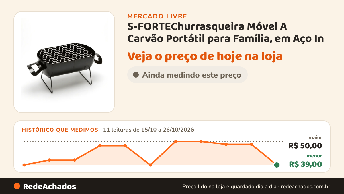 Histórico de preço de S-FORTEChurrasqueira Móvel A Carvão Portátil para Família, em Aço In no Mercado Livre: 11 leituras de 15/10/2026 a 26/10/2026, menor R$ 39,00, maior R$ 50,00