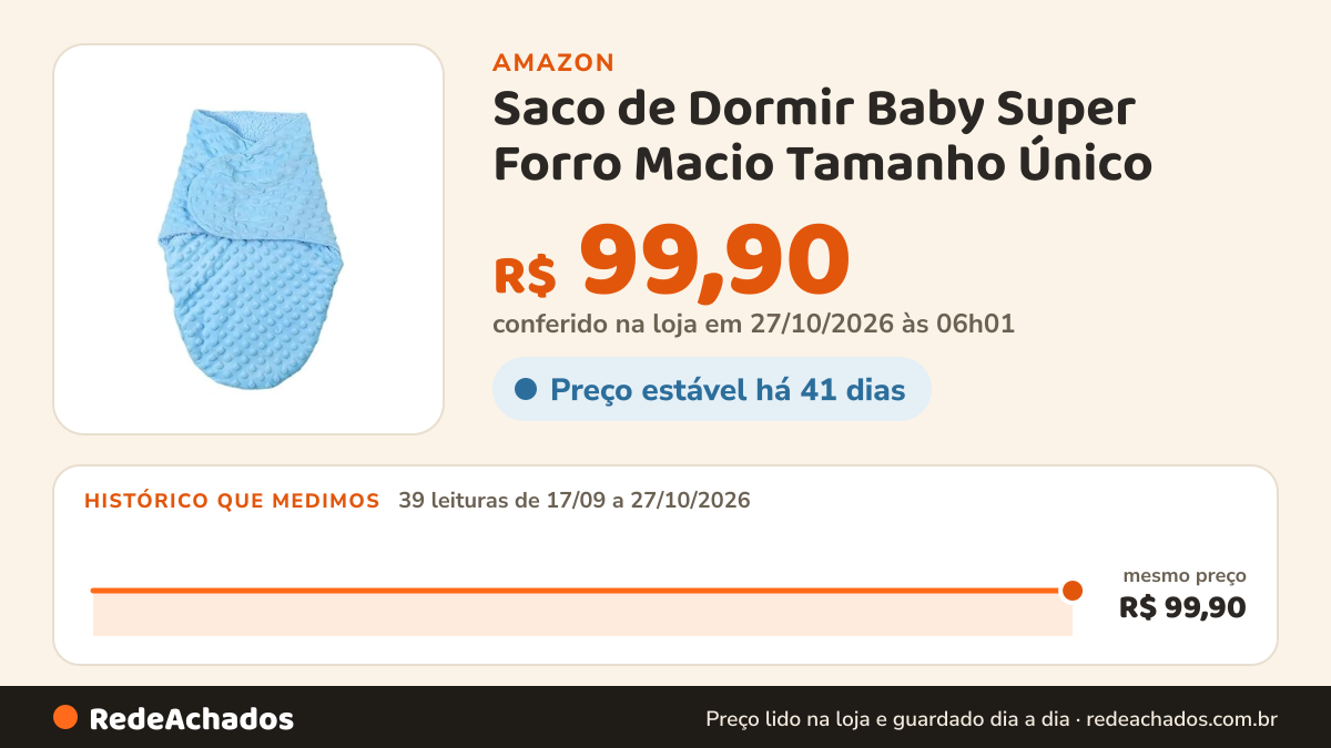 Histórico de preço de Saco de Dormir Baby Super Forro Macio Tamanho Único - ImportBaby (Azul) na Amazon: 38 leituras de 17/09/2026 a 25/10/2026, mesmo preço, R$ 99,90, em todas