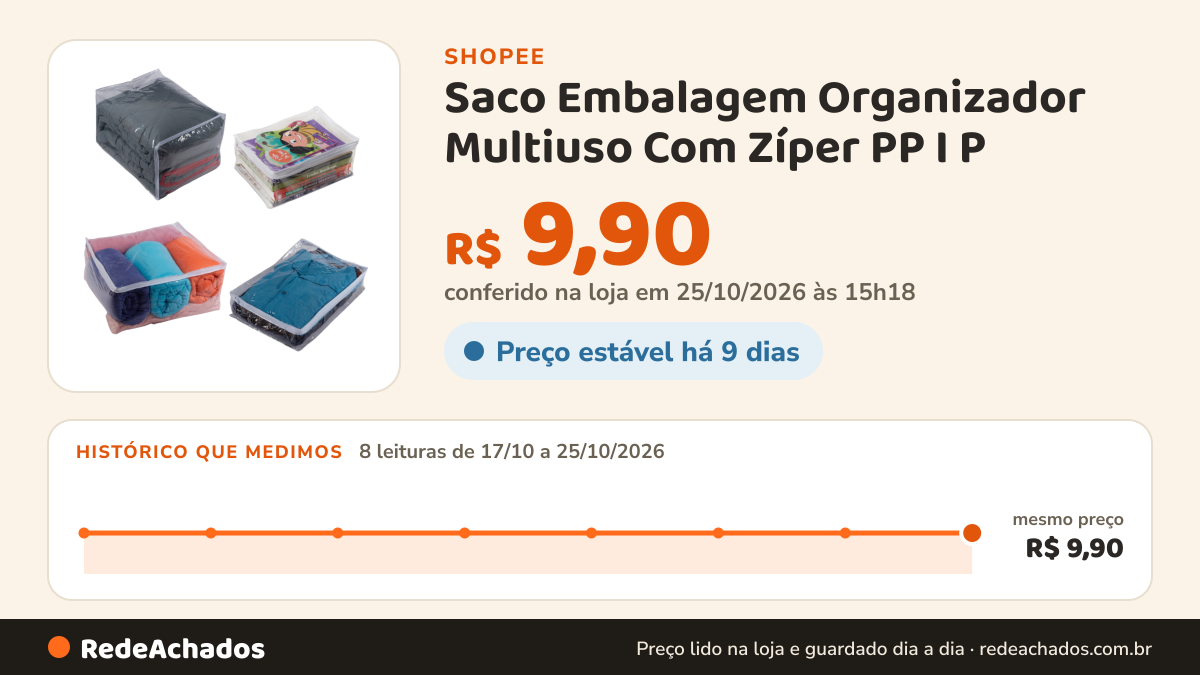 Histórico de preço de Saco Embalagem Organizador Multiuso Com Zíper PP I P | M | G I Extra G na Shopee: 8 leituras de 17/10/2026 a 25/10/2026, mesmo preço, R$ 9,90, em todas; R$ 9,90 conferido em 25/10/2026 às 15h18