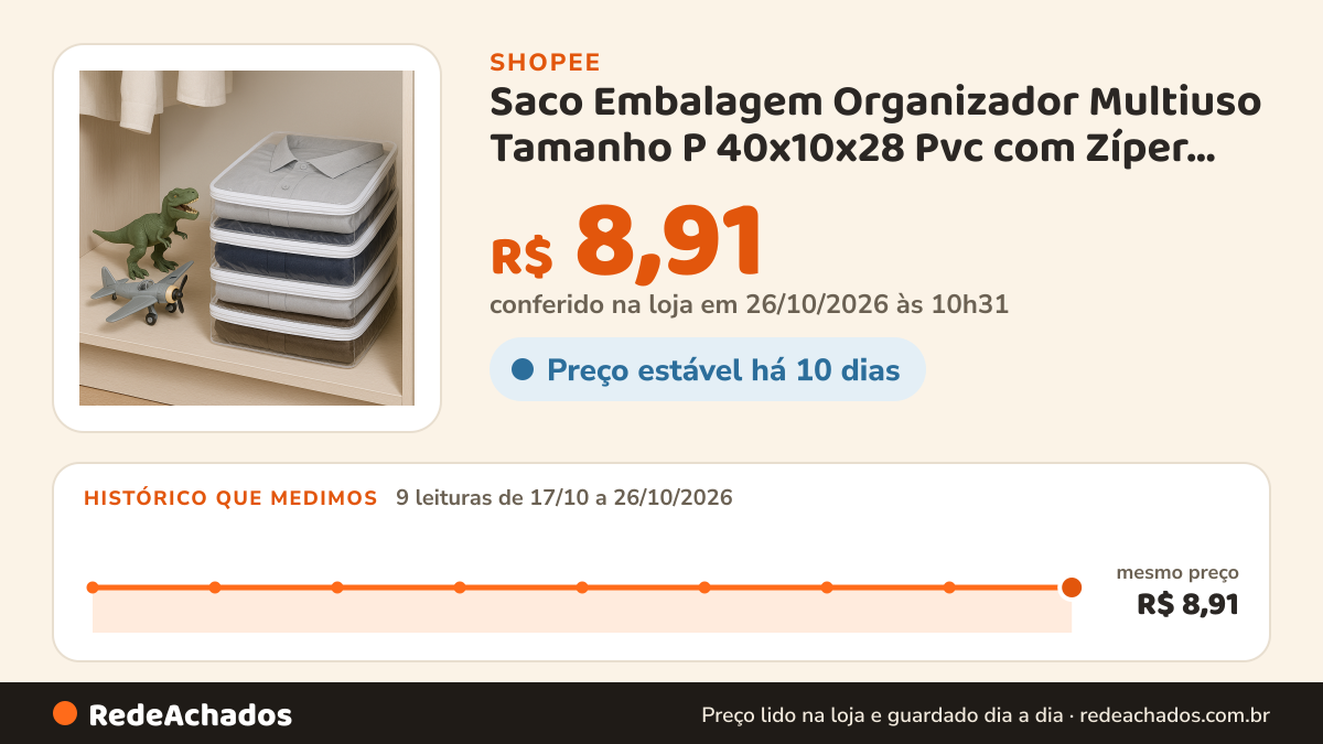 Histórico de preço de Saco Embalagem Organizador Multiuso Tamanho P 40x10x28 Pvc com Zíper Guarda-Roupa na Shopee: 9 leituras de 17/10/2026 a 26/10/2026, mesmo preço, R$ 8,91, em todas; R$ 8,91 conferido em 26/10/2026 às 10h31