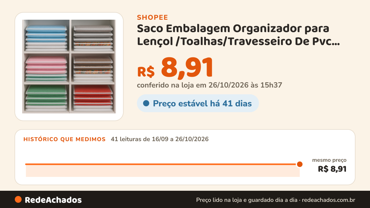 Histórico de preço de Saco Embalagem Organizador para Lençol /Toalhas/Travesseiro De Pvc Com Ziper na Shopee: 40 leituras de 16/09/2026 a 25/10/2026, mesmo preço, R$ 8,91, em todas; R$ 8,91 conferido em 25/10/2026 às 10h19