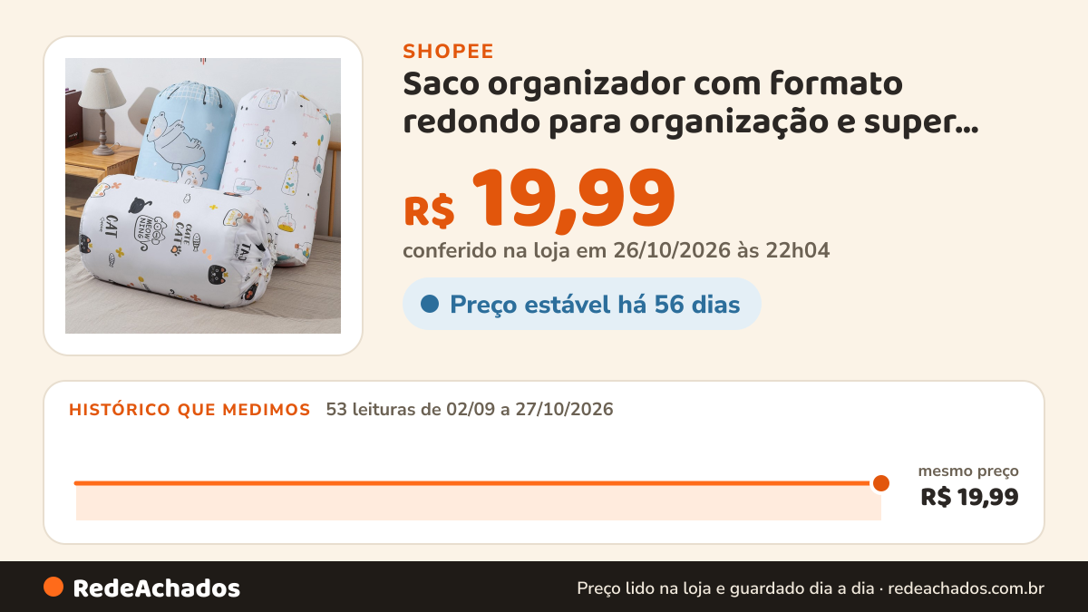Histórico de preço de Saco organizador com formato redondo para organização e super compacto na Shopee: 53 leituras de 02/09/2026 a 27/10/2026, mesmo preço, R$ 19,99, em todas; R$ 19,99 conferido em 26/10/2026 às 22h04