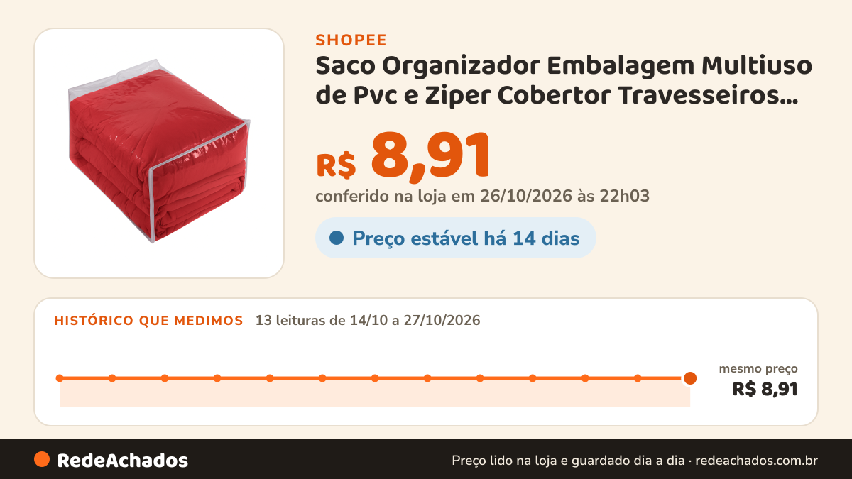 Histórico de preço de Saco Organizador Embalagem Multiuso de Pvc e Ziper Cobertor Travesseiros Toalhas Lençol… na Shopee: 13 leituras de 14/10/2026 a 27/10/2026, mesmo preço, R$ 8,91, em todas; R$ 8,91 conferido em 26/10/2026 às 22h03