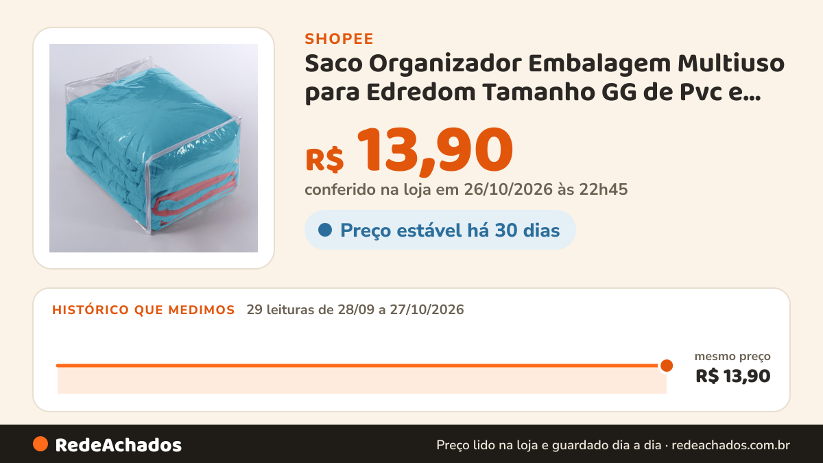 Histórico de preço de Saco Organizador Embalagem Multiuso para Edredom Tamanho GG de Pvc e Ziper na Shopee: 29 leituras de 28/09/2026 a 27/10/2026, mesmo preço, R$ 13,90, em todas; R$ 13,90 conferido em 26/10/2026 às 22h45