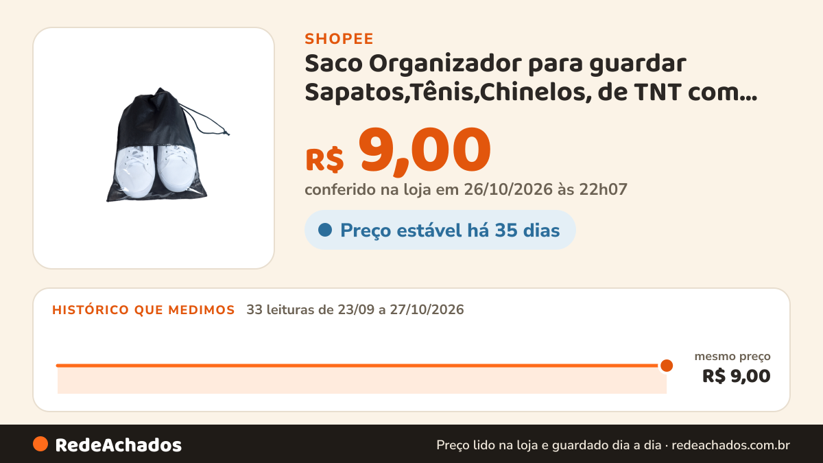 Histórico de preço de Saco Organizador para guardar Sapatos,Tênis,Chinelos, de TNT com Visor em Pvc para Viagem na Shopee: 33 leituras de 23/09/2026 a 27/10/2026, mesmo preço, R$ 9,00, em todas; R$ 9,00 conferido em 26/10/2026 às 22h07