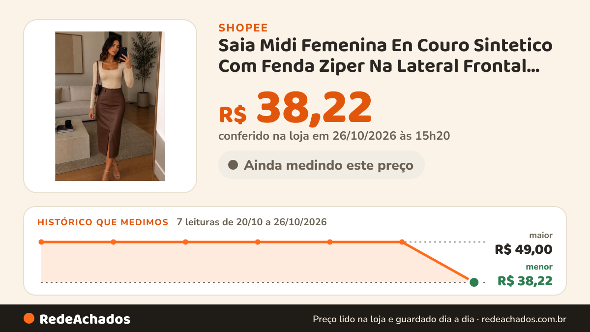 Histórico de preço de Saia Midi Femenina En Couro Sintetico Com Fenda Ziper Na Lateral Frontal Em Tendencia na Shopee: 7 leituras de 20/10/2026 a 26/10/2026, menor R$ 38,22, maior R$ 49,00; R$ 38,22 conferido em 26/10/2026 às 15h20